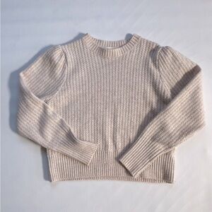 Elodie Cream Pointelle Cropped Sweater Puff Shoulder Womens Large Beige